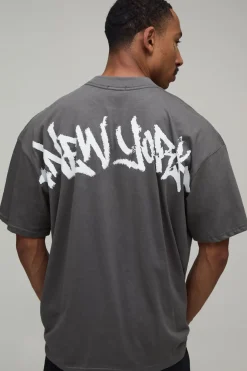 T-shirt Oversize Anthracite À Imprimé Graffiti New York Grande Échelle