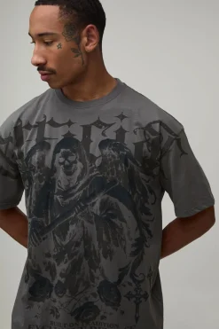 T-shirt Oversize Anthracite À Imprimé Gothique Sur Les Coutures