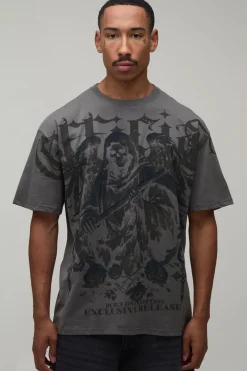 T-shirt Oversize Anthracite À Imprimé Gothique Sur Les Coutures