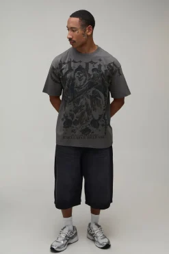 T-shirt Oversize Anthracite À Imprimé Gothique Sur Les Coutures