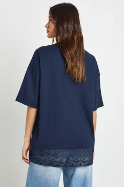 T-shirt Oversize avec Bordure en Dentelle à l'Ourlet