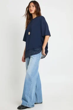 T-shirt Oversize avec Bordure en Dentelle à l'Ourlet
