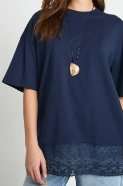 T-shirt Oversize avec Bordure en Dentelle à l'Ourlet