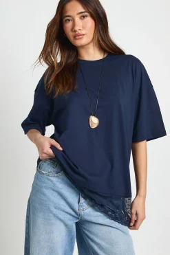 T-shirt Oversize avec Bordure en Dentelle à l'Ourlet