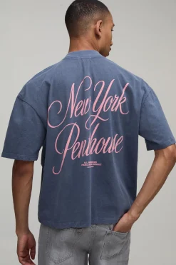 T-shirt Oversize Bleu Marine Délavé Avec Imprimé Synthétiqueff Penthouse