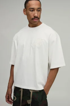 T-shirt Oversize Boxy Ample En Jersey Épais Avec B Brodé Et Finition Pêche