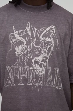 T-shirt Oversize Boxy Col Étendu Graphique Chien Chocolat Délavé