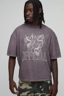 T-shirt Oversize Boxy Col Étendu Graphique Chien Chocolat Délavé