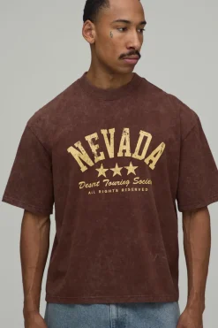 T-shirt Oversize Boxy Délavé Chocolat Imprimé Nevada Varsity