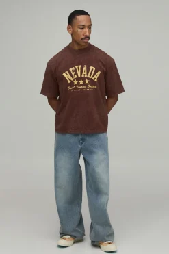 T-shirt Oversize Boxy Délavé Chocolat Imprimé Nevada Varsity