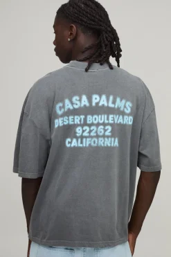 boohooMAN T-shirt Oversize Boxy Délavé Imprimé Casa Palms Anthracite<Homme T-Shirts Impriméstendances|T-Shirts