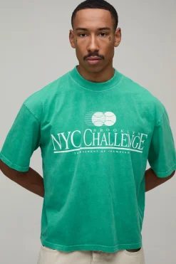 T-shirt Oversize Boxy Délavé Vert Avec Imprimé Nyc Challenge