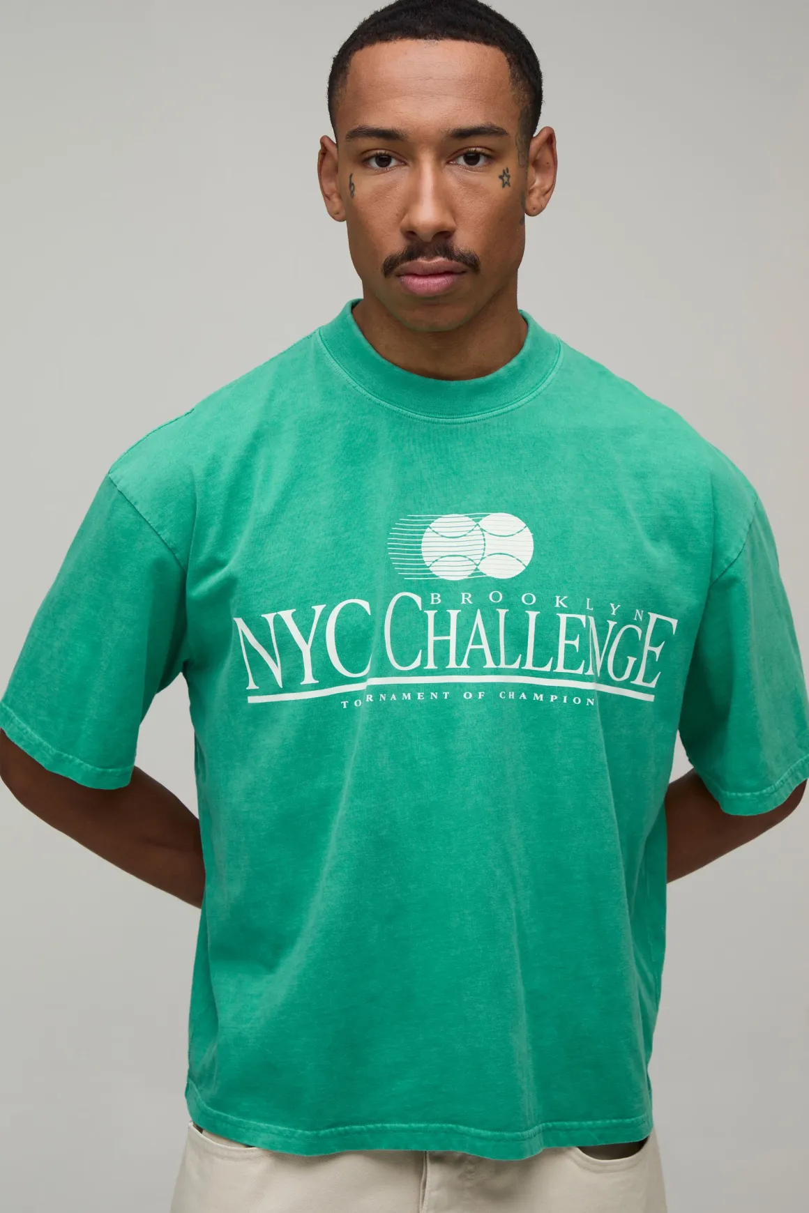 T-shirt Oversize Boxy Délavé Vert Avec Imprimé Nyc Challenge