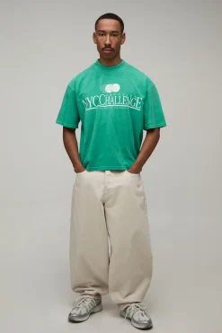 T-shirt Oversize Boxy Délavé Vert Avec Imprimé Nyc Challenge