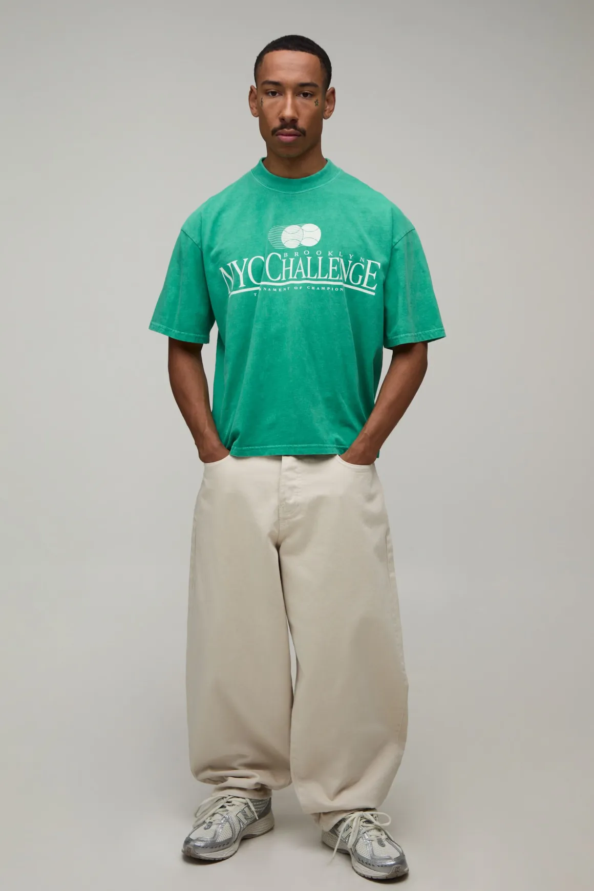 T-shirt Oversize Boxy Délavé Vert Avec Imprimé Nyc Challenge