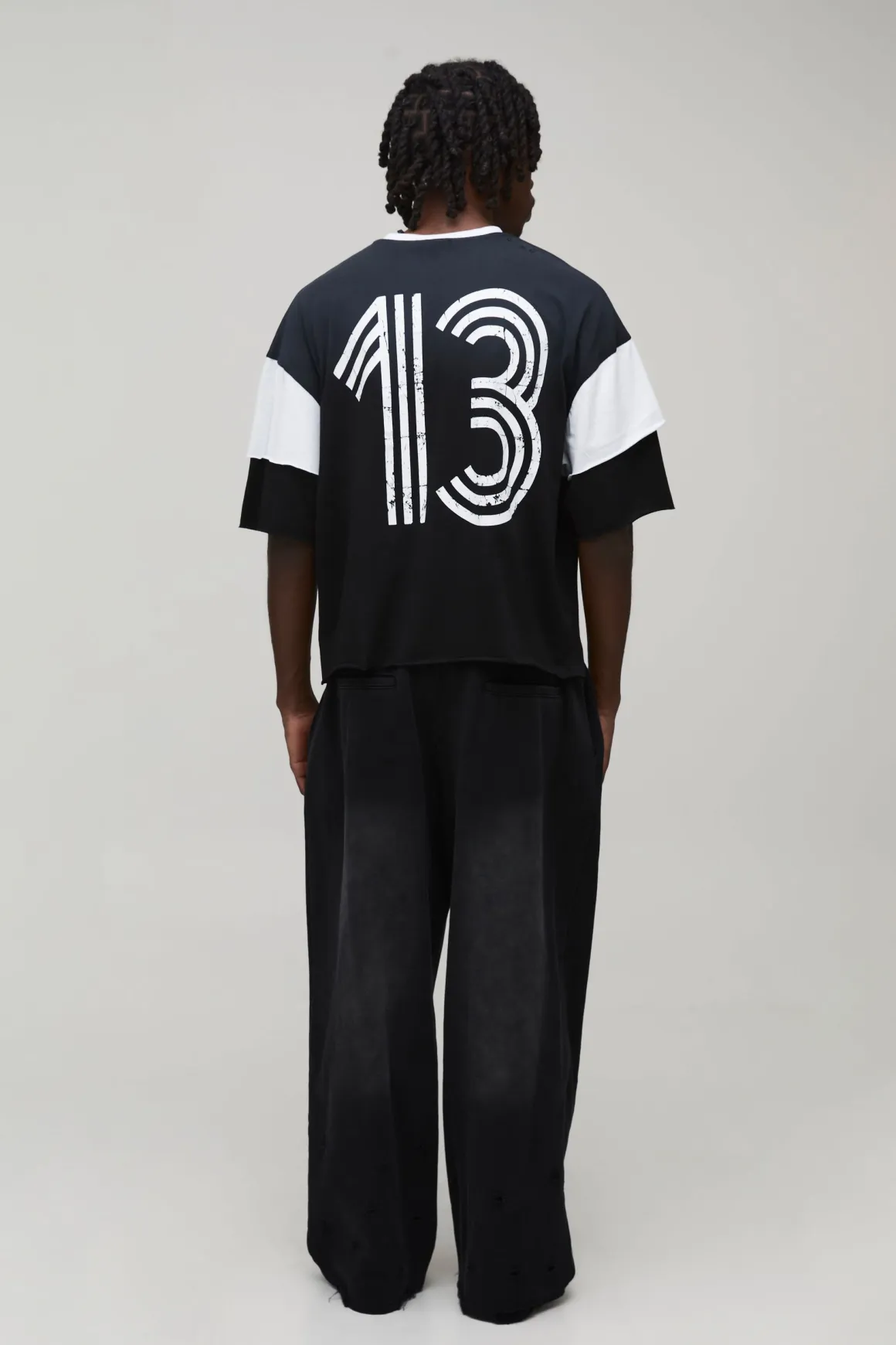 T-shirt Oversize Boxy À Double Fausse Épaisseur En Coton Épais Lavé Effet Usé