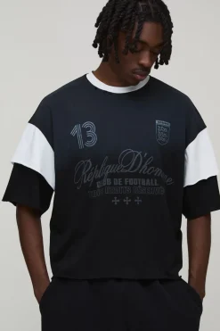 T-shirt Oversize Boxy À Double Fausse Épaisseur En Coton Épais Lavé Effet Usé