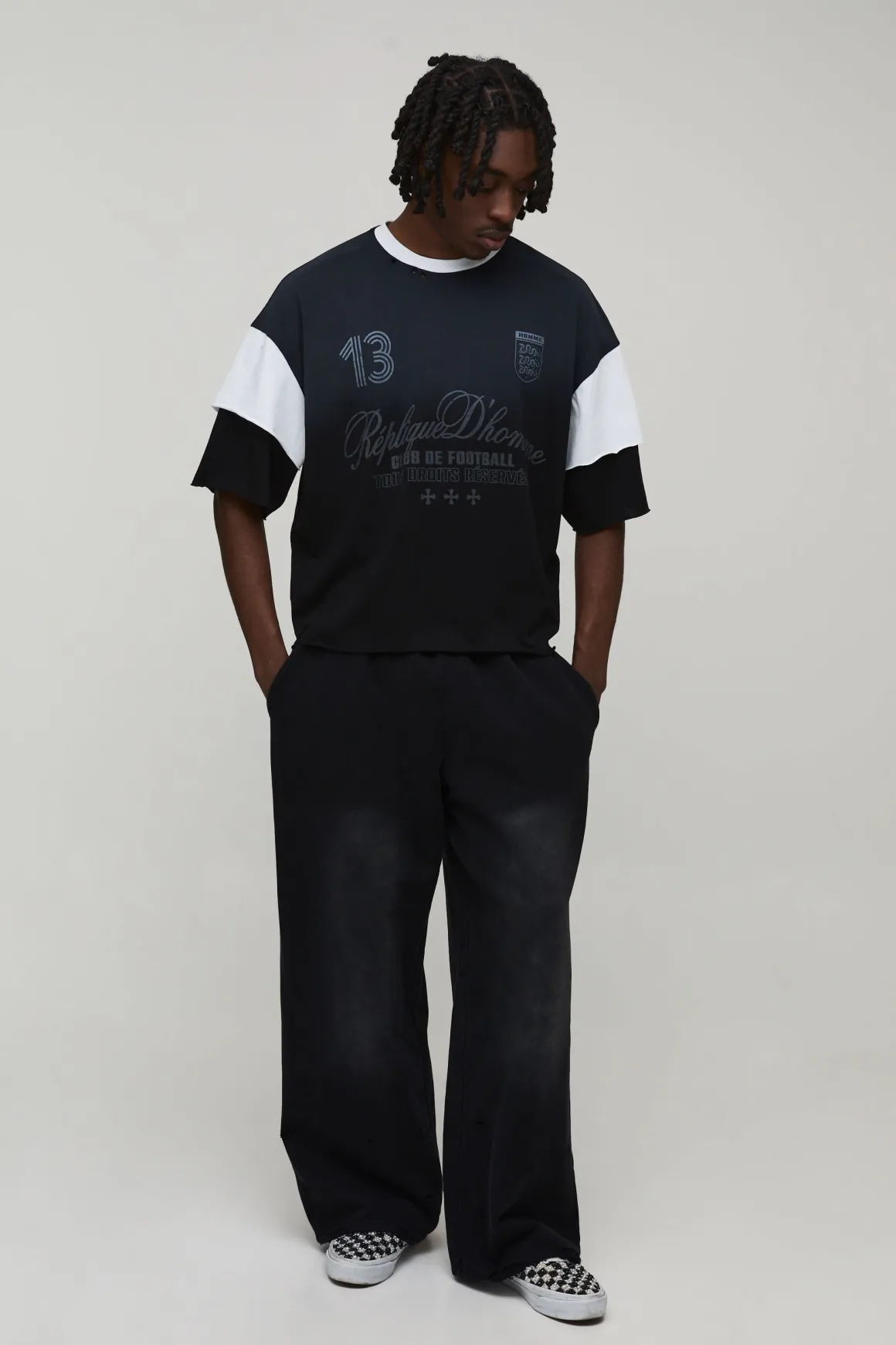 T-shirt Oversize Boxy À Double Fausse Épaisseur En Coton Épais Lavé Effet Usé