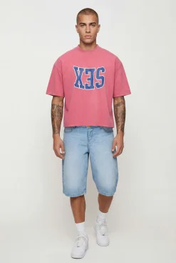 T-shirt Oversize Boxy En Coton Épais Délavé Avec Slogan Sex