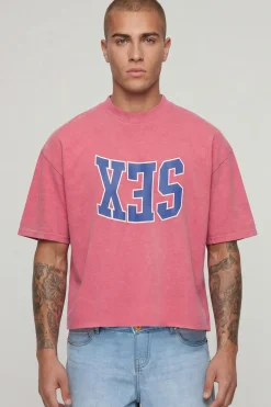 T-shirt Oversize Boxy En Coton Épais Délavé Avec Slogan Sex