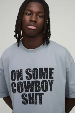 T-Shirt Oversize Boxy Lourd Cowboy Strass Slogan