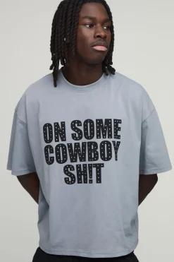 T-Shirt Oversize Boxy Lourd Cowboy Strass Slogan
