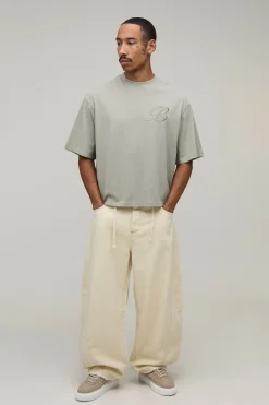T-shirt Oversize Boxy Poids Lourd Avec B Brodé Et Finition Pêche