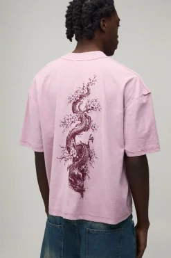 T-shirt Oversize Boxy Rose Délavé Imprimé Colonne Vertébrale De Dragon Coutures Apparentes