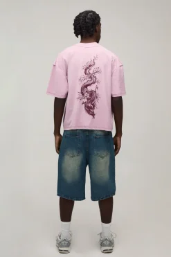 T-shirt Oversize Boxy Rose Délavé Imprimé Colonne Vertébrale De Dragon Coutures Apparentes