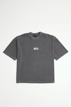 T-shirt Oversize Boxy Slogan Sex Coton Épais Effet Délavé