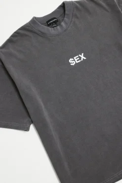 T-shirt Oversize Boxy Slogan Sex Coton Épais Effet Délavé