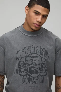 boohooMAN T-Shirt Oversize Boxy Tête de Mort Coutures Apparentes Charbon Délavé<Homme T-Shirts Impriméstendances|T-Shirts