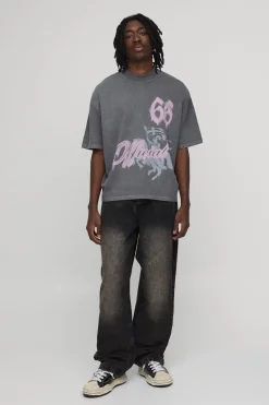 T-shirt Oversize Boxy Vintage Anthracite Avec Imprimé Football Aérographe