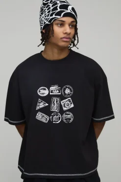 T-shirt Oversize Coupe Boxy À Surpiqûres Contrastées Et Imprimé Tampon