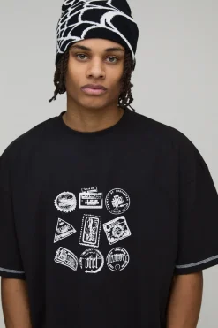 T-shirt Oversize Coupe Boxy À Surpiqûres Contrastées Et Imprimé Tampon