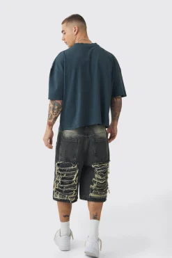 T-shirt Oversized Boxy à motif papillon, effet délavé, bords bruts