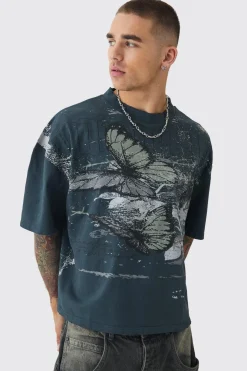 T-shirt Oversized Boxy à motif papillon, effet délavé, bords bruts