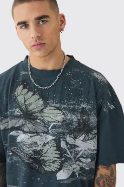 T-shirt Oversized Boxy à motif papillon, effet délavé, bords bruts