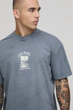 T-shirt Oversize Délavé Imprimé Casa Palms