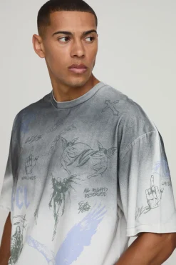 T-shirt Oversize Délavé À L'acide Avec Imprimé Gribouillages Intégral