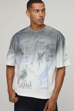 T-shirt Oversize Délavé À L'acide Avec Imprimé Gribouillages Intégral