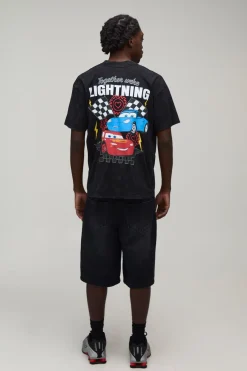 T-shirt Oversize Délavé À L'acide Avec Imprimé Plaque D'immatriculation Flash Mcqueen