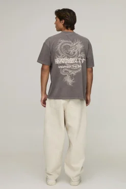 T-shirt Oversize Effet Délavé Imprimé Dragon Synthétiqueff Chocolat