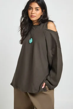 boohoo T-shirt Oversize En Coton Épais Avec Épaules Dénudées<Femme Tops