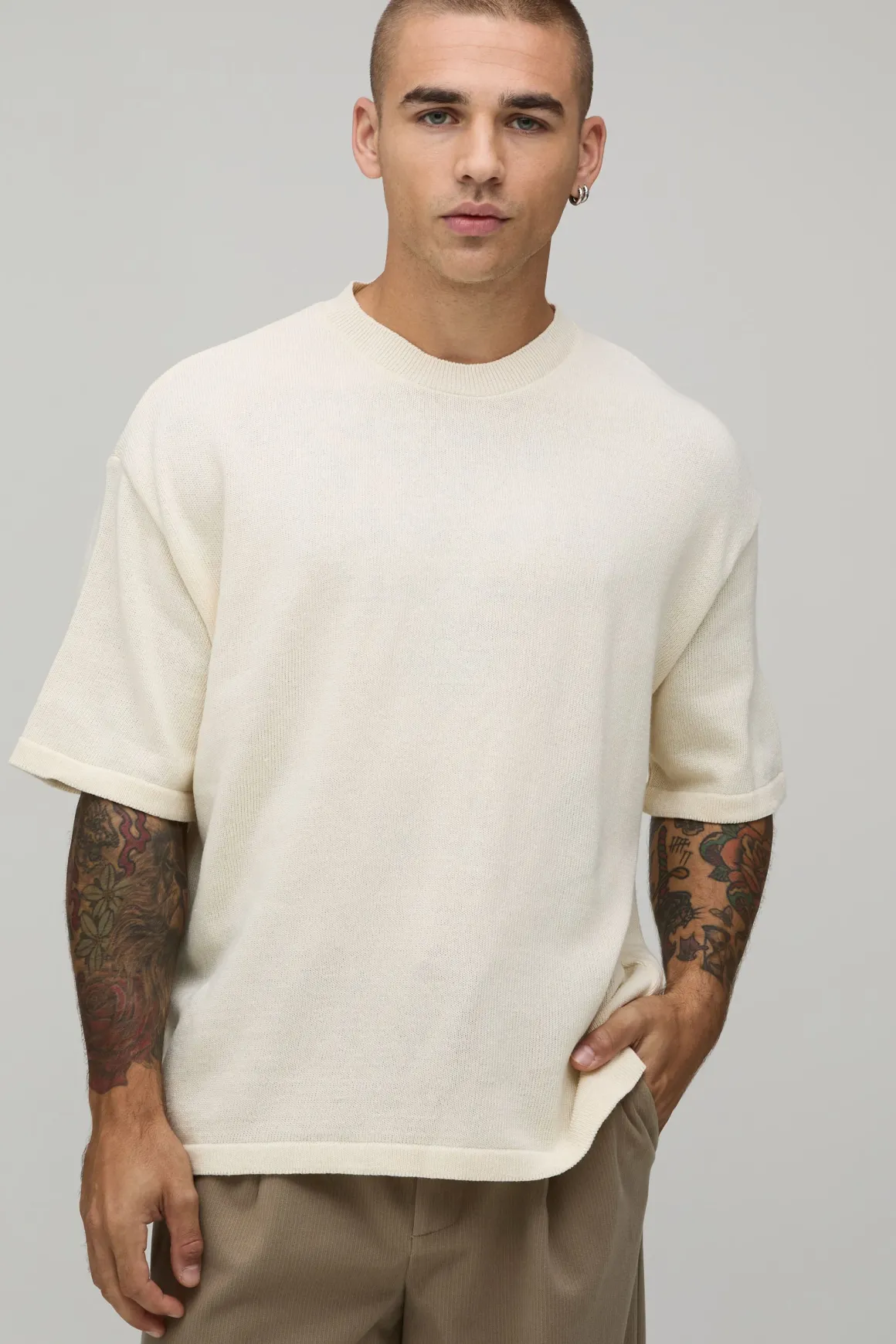 T-shirt Oversize En Maille Mélangée Coton