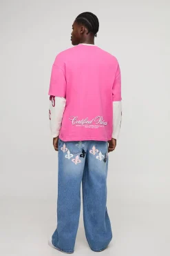 boohooMAN T-shirt oversize à fausse manche orné de strass et d'un graphisme grand format<Homme T-Shirts Impriméstendances|T-Shirts