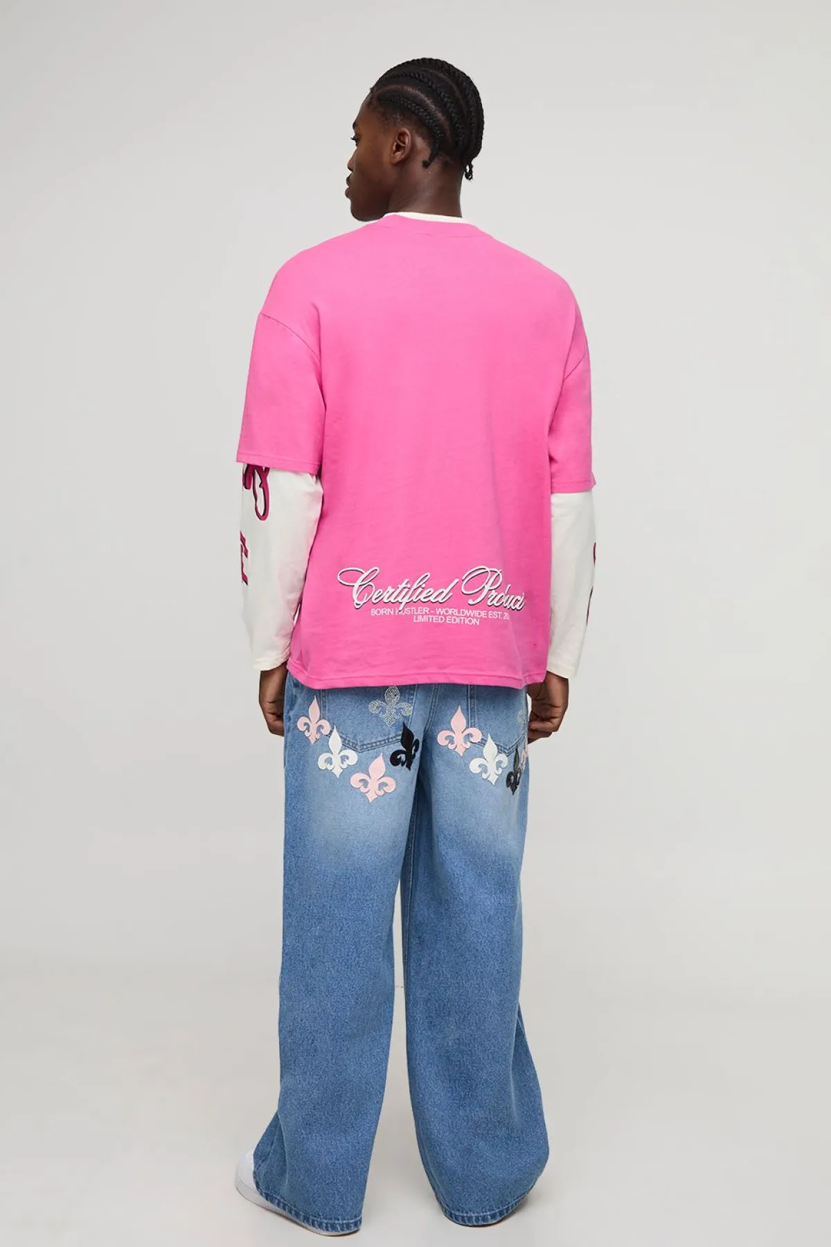 boohooMAN T-shirt oversize à fausse manche orné de strass et d'un graphisme grand format<Homme T-Shirts Impriméstendances|T-Shirts