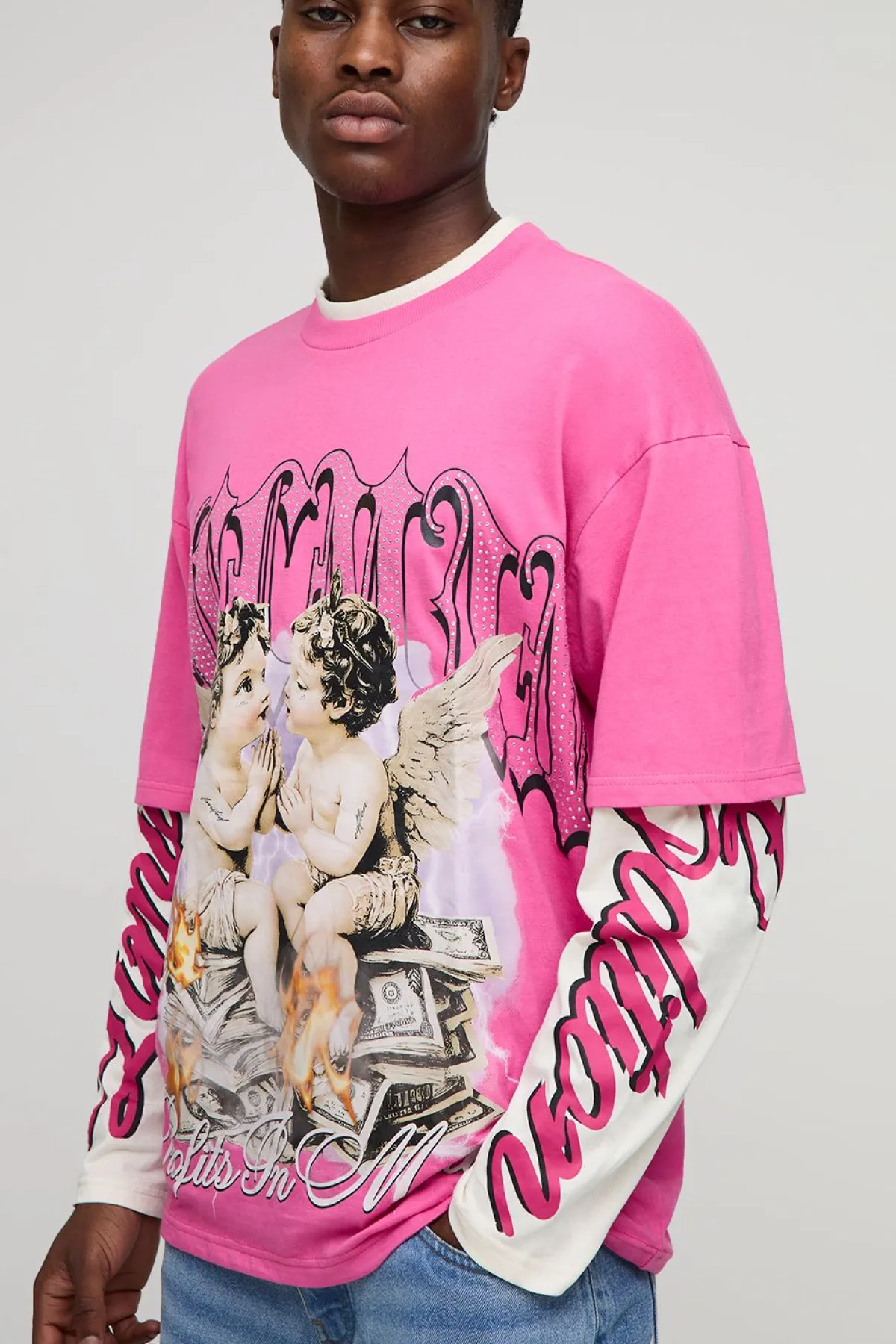 boohooMAN T-shirt oversize à fausse manche orné de strass et d'un graphisme grand format<Homme T-Shirts Impriméstendances|T-Shirts
