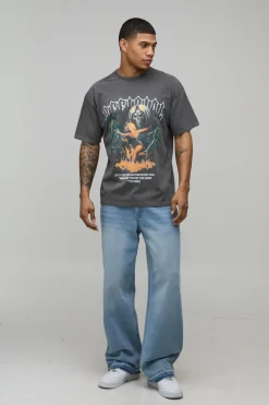 T-Shirt Oversize Gothique Imprimé Tête de Mort Délavé