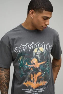 T-Shirt Oversize Gothique Imprimé Tête de Mort Délavé
